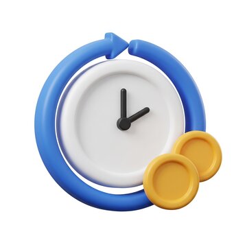3D clock with circular arrow and gold coins representing time management business investment schedule