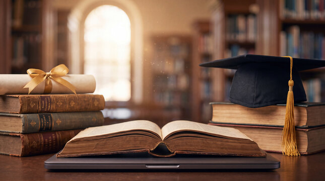 A graduation cap and a rolled diploma with a golden ribbon sit on a stack of old books in a classic library, symbolizing academic achievement and knowledge.
