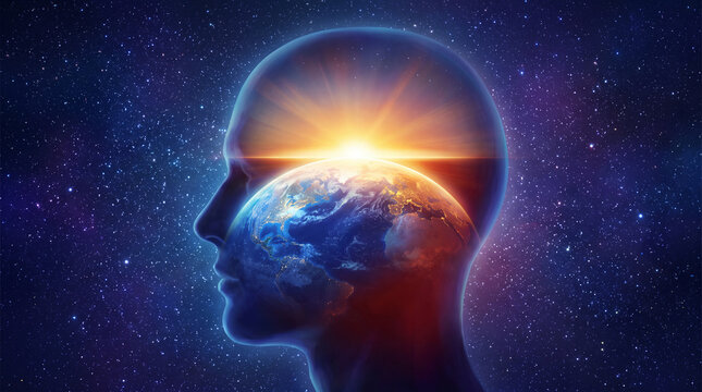 A conceptual digital illustration of a human head silhouette with the planet Earth and a sunrise inside, set against a vast starry galaxy background.
