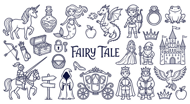 Fairy tale character set magical fantasy storybook design.