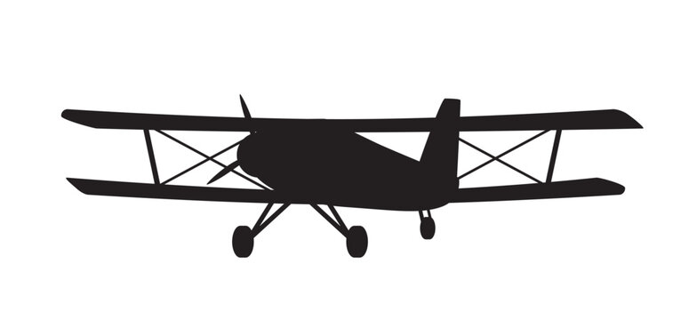 Black silhouette of a vintage propeller biplane with landing gear viewed from the front. Vector illustration