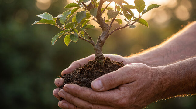 A close-up view of mature hands holding a small green tree sapling with rich soil at sunset, symbolizing environmental conservation, sustainability, and growth.