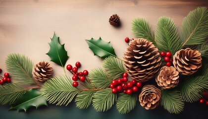 Obraz premium Merry Christmas Vintage Pine Cones And Holly Branches Holiday Background