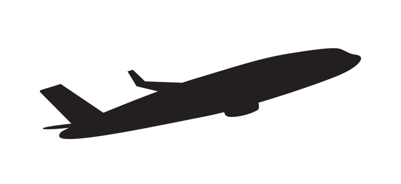Black silhouette of a commercial twin-engine passenger jet aircraft viewed from the side. Vector illustration