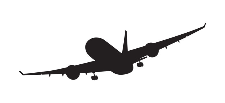 Black silhouette of a twin-engine passenger jet airliner flying with landing gear extended. Vector illustration