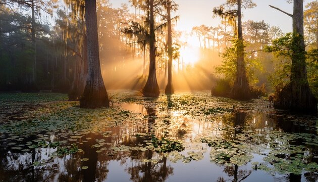 Golden Hour Sunlight Streams Through A Misty Cypress Swamp Illuminating Lily Pads On The Water