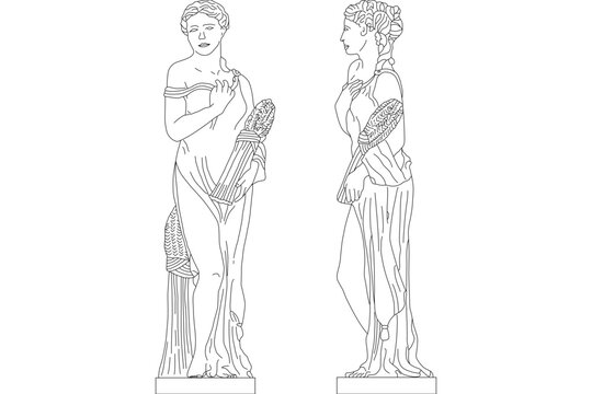 Clean line art vector illustrations showing classical architectural scale figures of a female statue or sculptural caryatid in front and side elevation views, featuring draped classical garments
