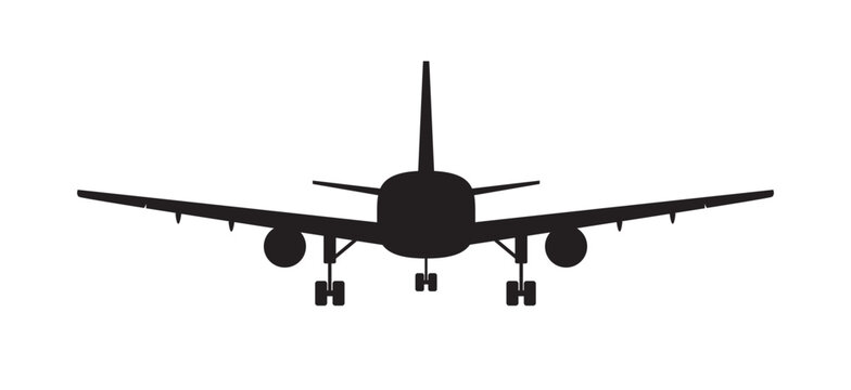 Black silhouette of a twin-engine passenger airliner with landing gear extended viewed from the front. Vector illustration