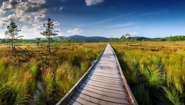 Tarnawa Peat Bog Boardwalk Across Peatland Bog Habitat Tarnawa Wyzna Bieszczady Outer Eastern Carpathians Poland Sunny Day Beautiful Landscape