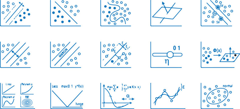 Support vector machine SVM classification decision boundaries and machine learning blue sketch icon set