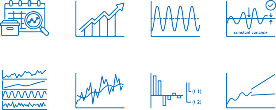 Time series analysis forecasting models data science metrics and statistical analysis blue linear icon set