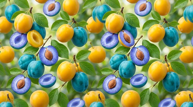 Vibrant Assortment of Ripe Plums and Golden Pluots on Green Foliage Background.
