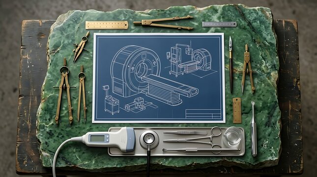 Industrial Mechanical Lathe Blueprint on Green Stone with Tools