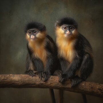 Two small langur monkeys with dark and light fur