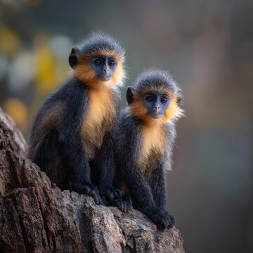 Two young langur monkeys with fluffy dark fur