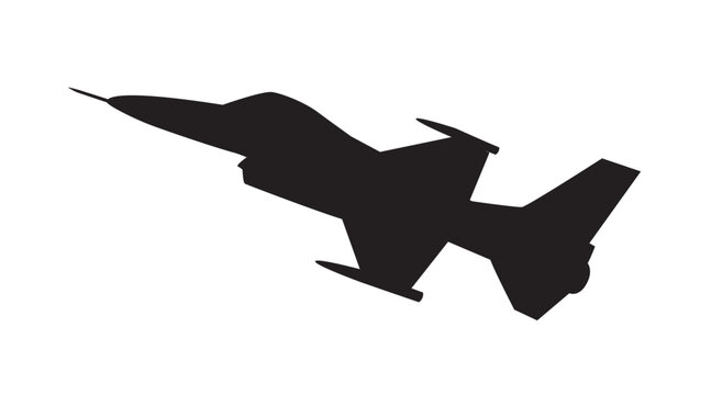 Black silhouette of a fast supersonic military fighter jet aircraft viewed from below. Vector illustration