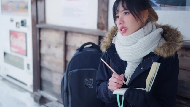Asian woman writing travel journal while visiting traditional Japanese village in winter snow. Female tourist taking notes and planning trip during cultural sightseeing and holiday travel in Japan