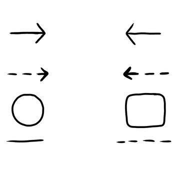Hand Drawn Arrows and Basic Shape Doodle Elements. Hand drawn black and white doodle collection featuring directional arrows, dashed arrows, circles, rounded rectangles, and simple line elements. Usef