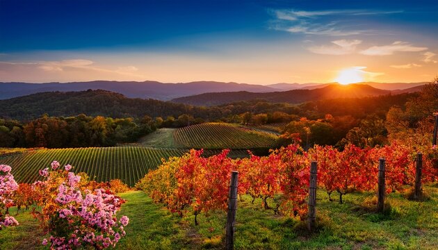 Autumn Vineyard Hills And Flowers During Sunset In Virginia