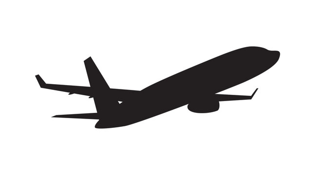 Black silhouette of a twin-engine passenger jet airliner in flight viewed from a low angle. Vector illustration