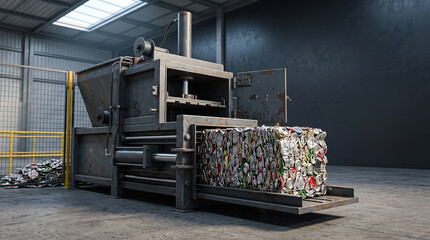 Fototapeta premium Industrial metal recycling machine crushing aluminum beverage cans into dense compact blocks.