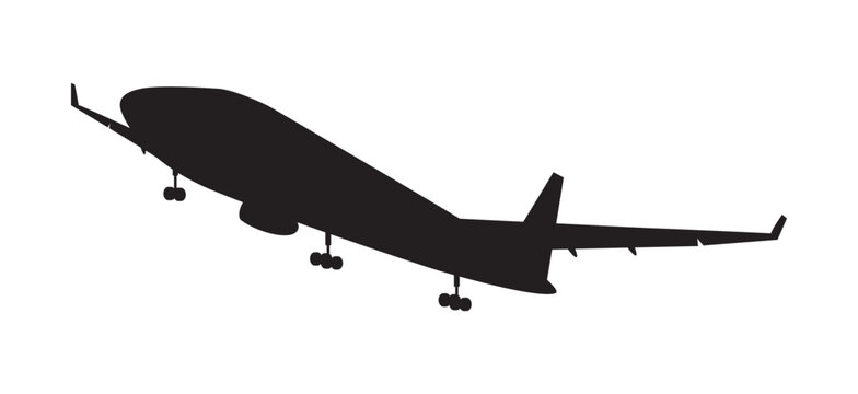 Black silhouette of a passenger jet airliner in flight with landing gear extended. Vector illustration