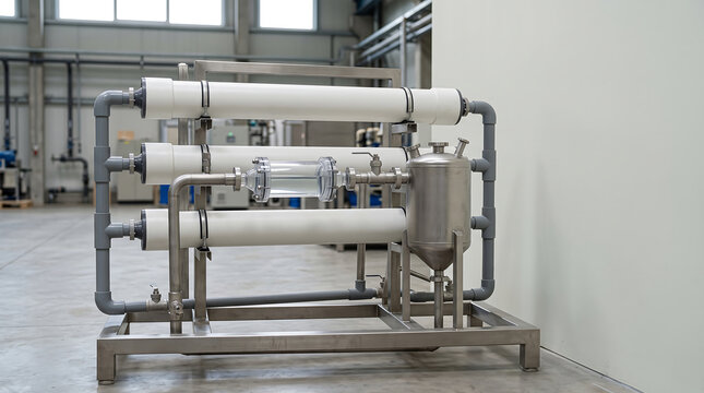 Reverse osmosis water filtration system with white plastic pipes and stainless steel canister.