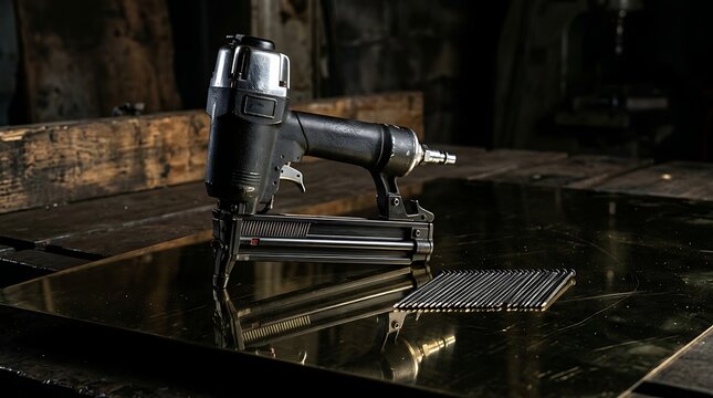 Industrial Pneumatic Nailer on Dark Workbench