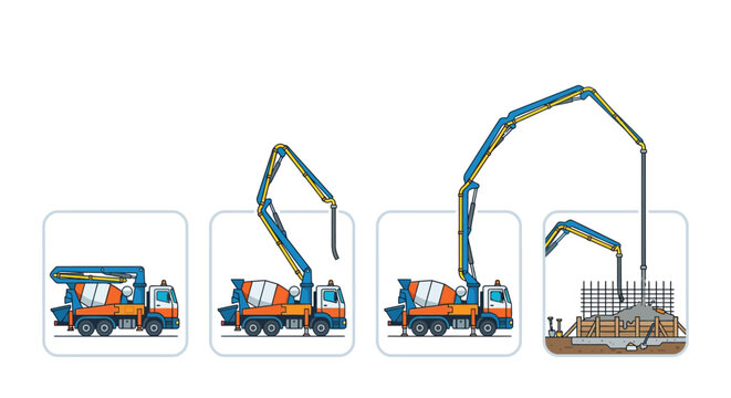 Concrete pump truck infographic showing boom deployment and foundation pouring sequence