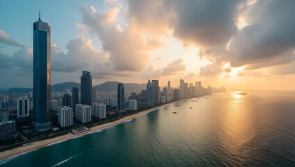 Fototapeta premium Wide Panoramic Aerial View of Modern Coastal Metropolis City Skyline at Sunset