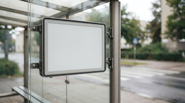 Blank horizontal digital signage board at city bus stop waiting area with blurred street view.