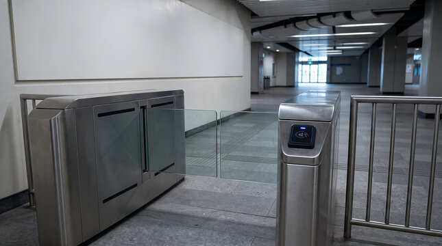 Stainless steel automatic turnstile gate with glass barriers stands in modern empty subway terminal.