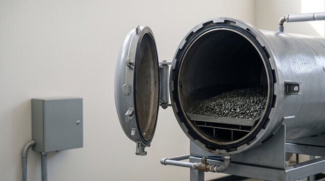Industrial pressure vessel autoclave unit with open circular hatch containing treated gravel material.