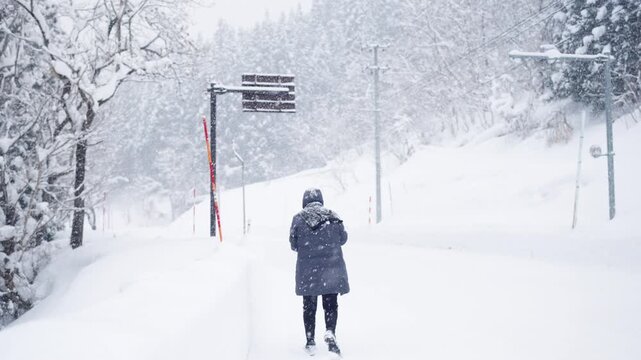 Asian woman walking on snow covered country road during severe winter storm, heavy snowfall blizzard creating hazardous travel conditions and extreme weather natural disaster in rural mountain area.