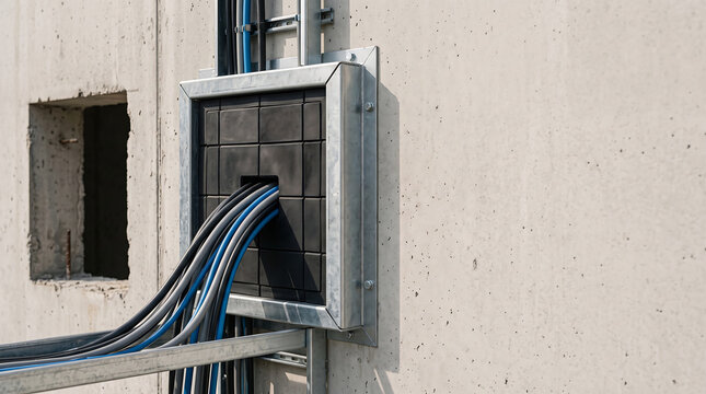 Modular cable transit frame with sealing blocks mounted on concrete wall for cable protection.