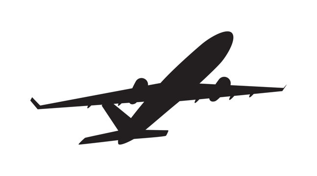 Black silhouette of a twin-engine passenger jet airliner viewed from below in flight. Vector illustration