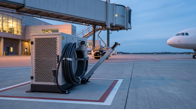 Ground power unit with coiled black cable parked on airport tarmac near boarding bridge walkway.