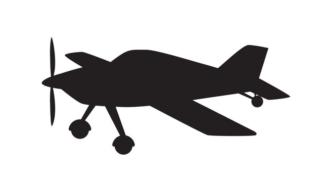 Black silhouette of a small single-engine propeller airplane with landing gear viewed from the side. Vector illustration