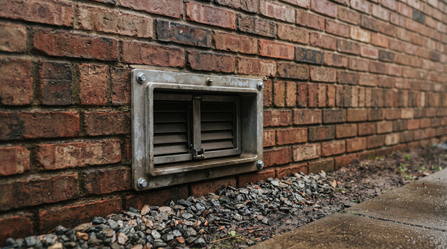 Metal foundation flood vent installed in brick wall of house to prevent water damage.