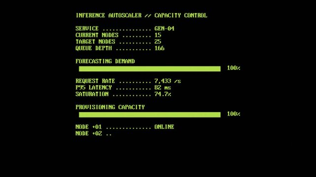 Futuristic lime terminal visualizing automatic scaling of an AI inference service as demand rises, with request rate, latency, saturation and new compute nodes coming online.