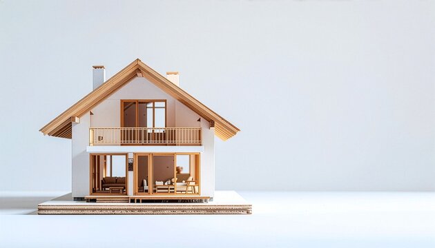 バルコニー付き木造山小屋住宅模型白背景
