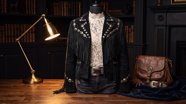 Cowgirl outfit with a fringed leather jacket on a mannequin in a boutique