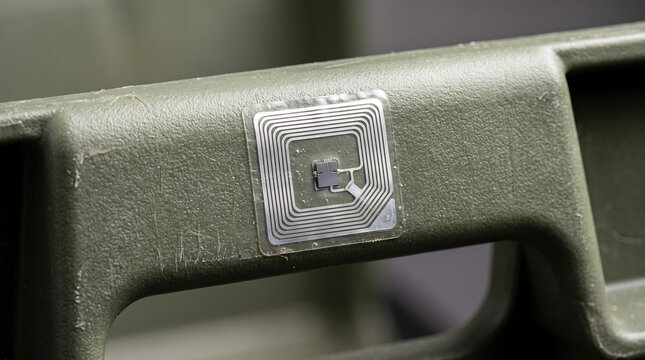 Square silver rfid microchip tag adhered to olive green textured plastic surface for tracking.