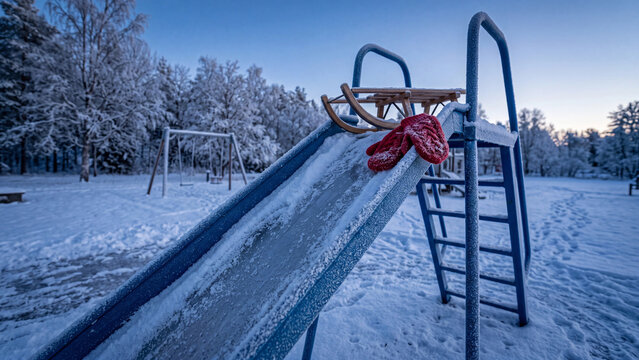 Metal tobog&aacute;n slide covered in fresh snow in an empty winter playground