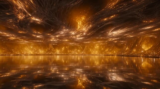 Abstract golden lightscape with a reflective surface dynamic swirling patterns create an ethereal and futuristic atmosphere perfect for backgrounds and digital art projects