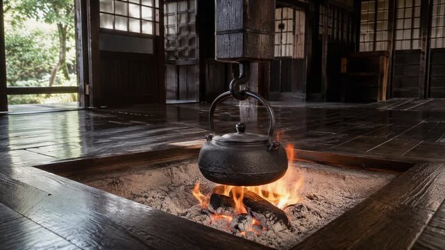 Close View of Hanging Iron Kettle Above Flickering Fire in Traditional Japanese Hearth