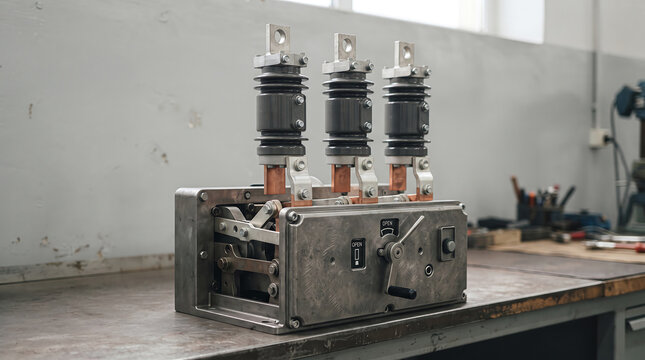 High voltage three phase electrical switchgear unit with copper busbars in industrial shop.