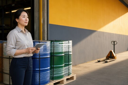 Battery Recycling Facility Shipping Coordinator Beside Sealed Drums