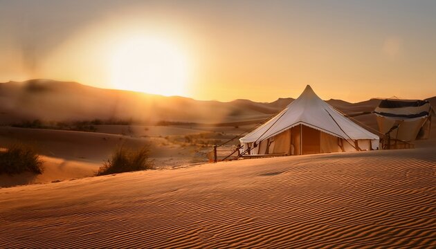 Blurred Beige Desert Glamping Lifestyle Scene With Warm Sunset Light And Sandy Foreground For Travel Copy Space