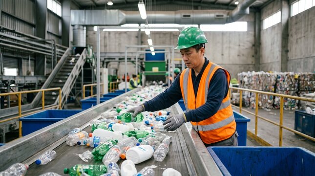 Worker sorting plastic bottles on a conveyor belt at a recycling facility
